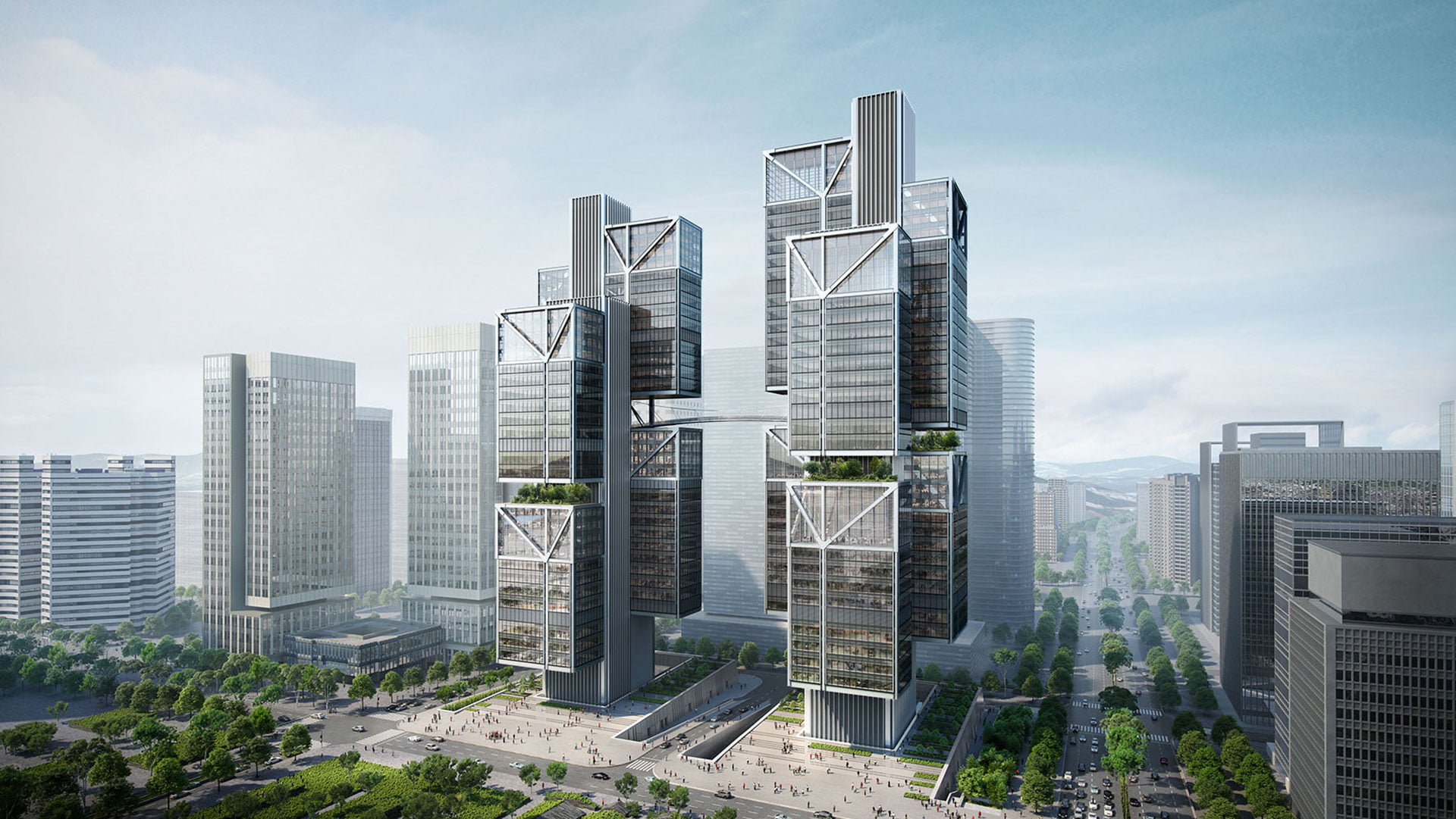 Два небоскреба с подвешенными объемами, Китай