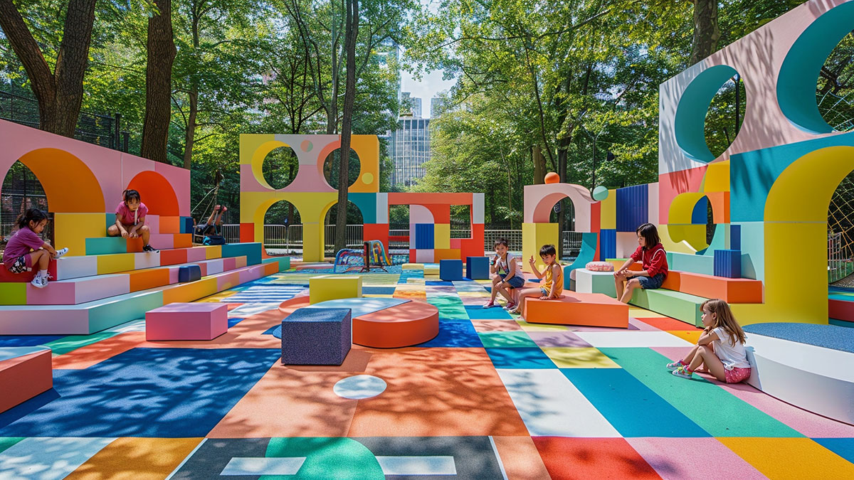 Яркие цвета и геометрические узоры в дизайне детской площадки
